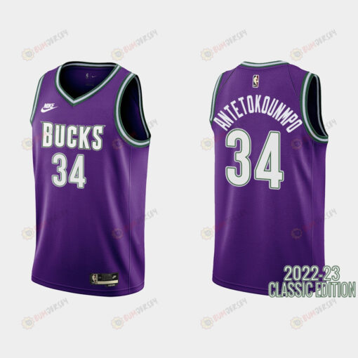 Milwaukee Bucks Giannis Antetokounmpo 34 2022-23 Classic Edition Purple Men Jersey