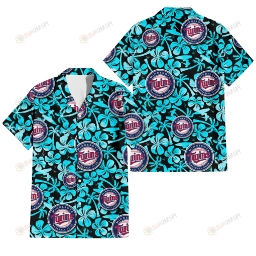Minnesota Twins Blue Hibiscus Blue Coconut Tree Black Background 3D Hawaiian Shirt