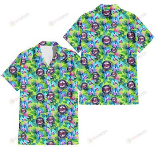 Minnesota Twins Blue Orchid Green Pink Leaf Green Background 3D Hawaiian Shirt