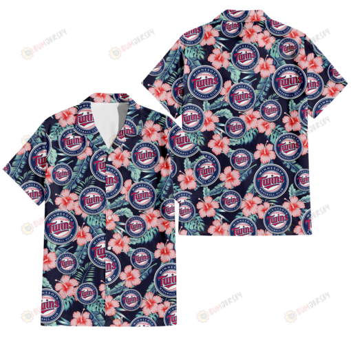 Minnesota Twins Coral Hibiscus Green Banana Leaf Black Background 3D Hawaiian Shirt