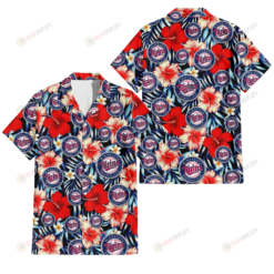 Minnesota Twins Coral Red Hibiscus Blue Palm Leaf Black Background 3D Hawaiian Shirt