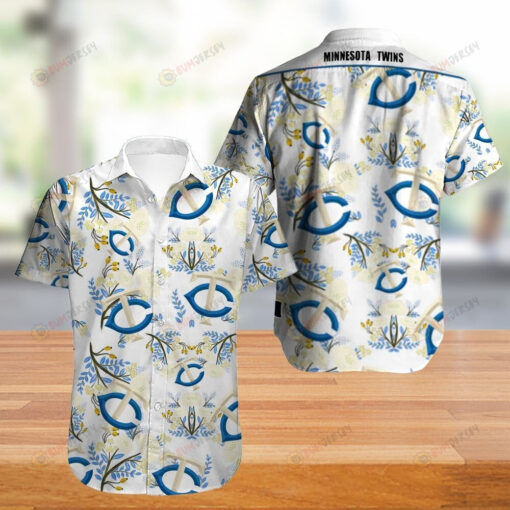 Minnesota Twins Leaf Pattern Curved Hawaiian Shirt In Blue & White