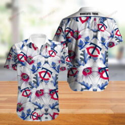 Minnesota Twins Leaf & Flower Pattern Curved Hawaiian Shirt In White & Blue