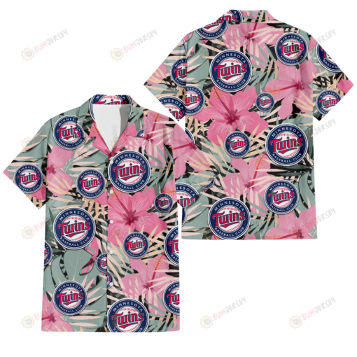 Minnesota Twins Light Pink Hibiscus Pale Green Leaf Black Background 3D Hawaiian Shirt