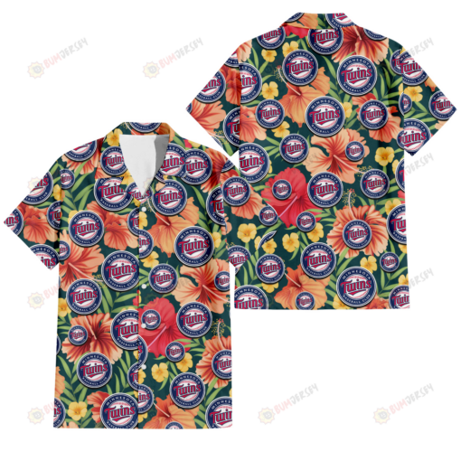 Minnesota Twins Orange Red Hibiscus Green Leaf Dark Background 3D Hawaiian Shirt