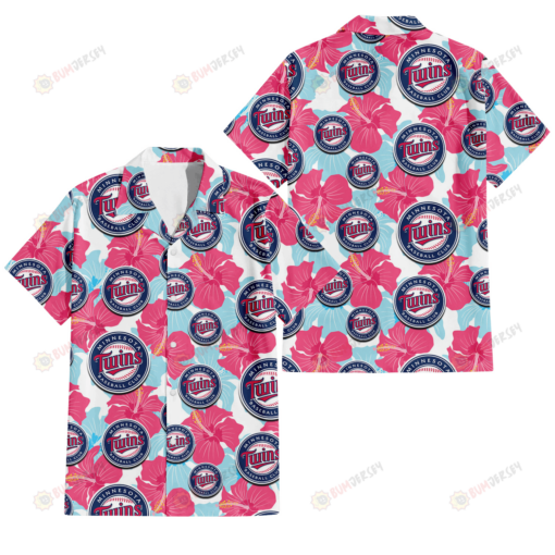 Minnesota Twins Pink Blue Hibiscus White Background 3D Hawaiian Shirt