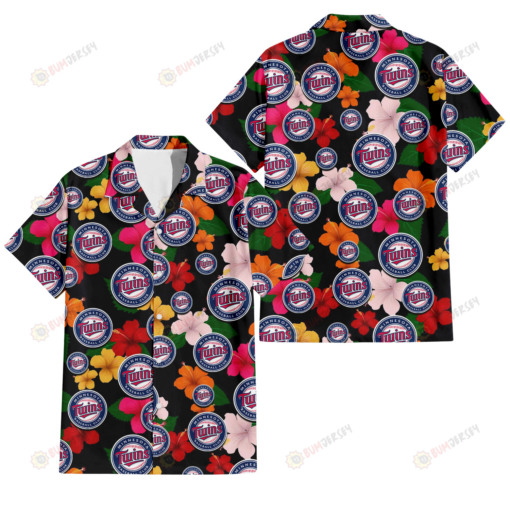 Minnesota Twins Pink Orange Yellow White Hibiscus Black Background 3D Hawaiian Shirt