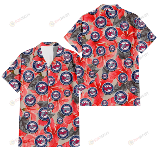 Minnesota Twins Red Hibiscus Gray Leaf Gainsboro Background 3D Hawaiian Shirt