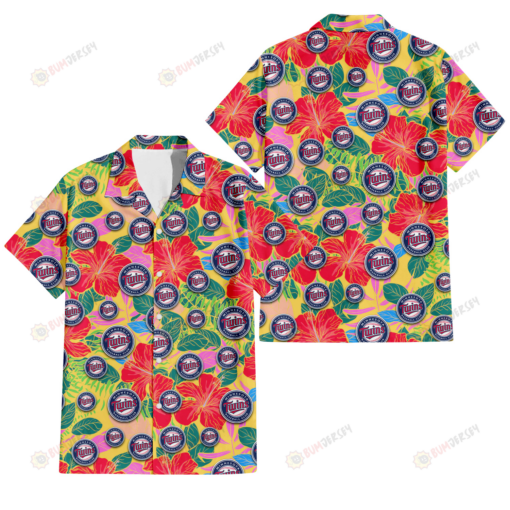 Minnesota Twins Red Hibiscus Green Blue Leaf Yellow Background 3D Hawaiian Shirt