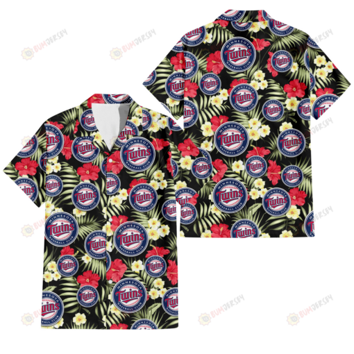 Minnesota Twins Red Hibiscus Yellow Porcelain Flower Black Background 3D Hawaiian Shirt