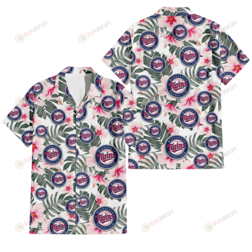 Minnesota Twins White Hibiscus Green Leaf White Background 3D Hawaiian Shirt