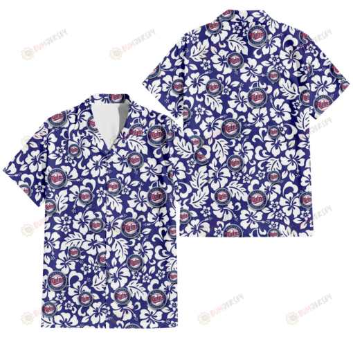 Minnesota Twins White Hibiscus Pattern Slate Blue Background 3D Hawaiian Shirt