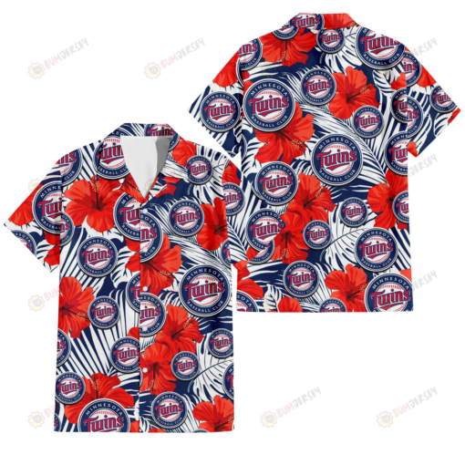 Minnesota Twins White Tropical Leaf Red Hibiscus Navy Background 3D Hawaiian Shirt