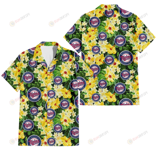 Minnesota Twins Yellow Hibiscus Tropical Green Leaf Black Background 3D Hawaiian Shirt