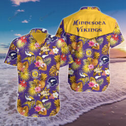 Minnesota Vikings Floral & Fruit Pattern Curved Hawaiian Shirt In Purple & Yellow