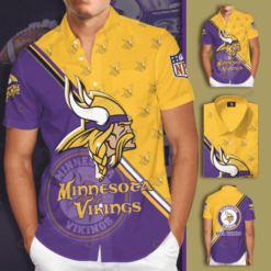 Minnesota Vikings Logo Curved Hawaiian Shirt In Yellow And Purple