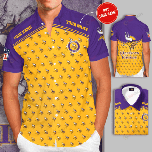 Minnesota Vikings Logo Custom Name Curved Hawaiian Shirt In Yellow