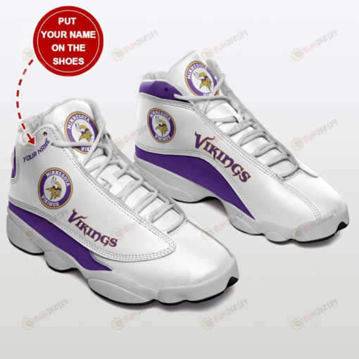 Minnesota Vikings Logo Pattern Custom Name Air Jordan 13 Shoes Sneakers In White Purple