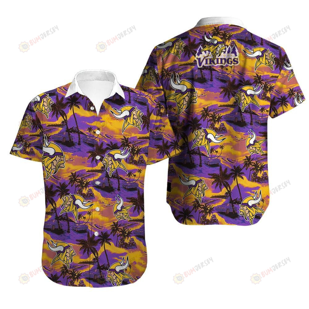 Minnesota Vikings Logo Yellow Purple Coconut Tree Car ??3D Printed Hawaiian Shirt