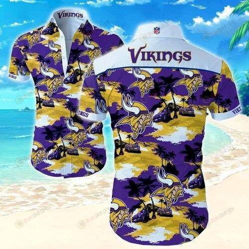 Minnesota Vikings On Purple YellowShort Sleeve Curved Hawaiian Shirt