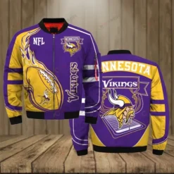 Minnesota Vikings Team Logo Pattern Bomber Jacket - Purple And Yellow