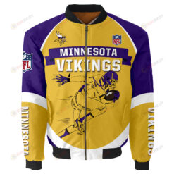 Minnesota Vikings Team Logo Pattern Bomber Jacket - Yellow And Purple
