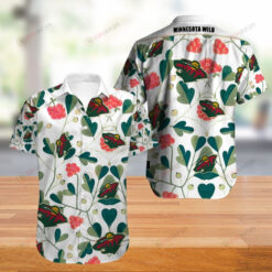 Minnesota Wild Floral Pattern Curved Hawaiian Shirt In White & Green