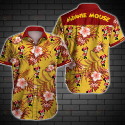 Minnie Mouse Floral pattern Curved Hawaiian Shirt In Yellow