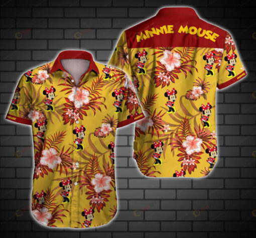Minnie Mouse Floral pattern Curved Hawaiian Shirt In Yellow