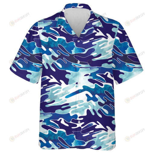 Modern Watercolor Aqua Blue Camo Monochrome Pattern Hawaiian Shirt