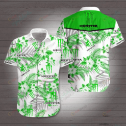 Monster Floral & Leaf Pattern Curved Hawaiian Shirt In White & Green