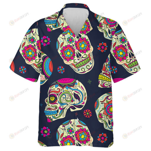 Muertos Colorful Sugar Skull Mexican With Floral Ornament And Flower Hawaiian Shirt