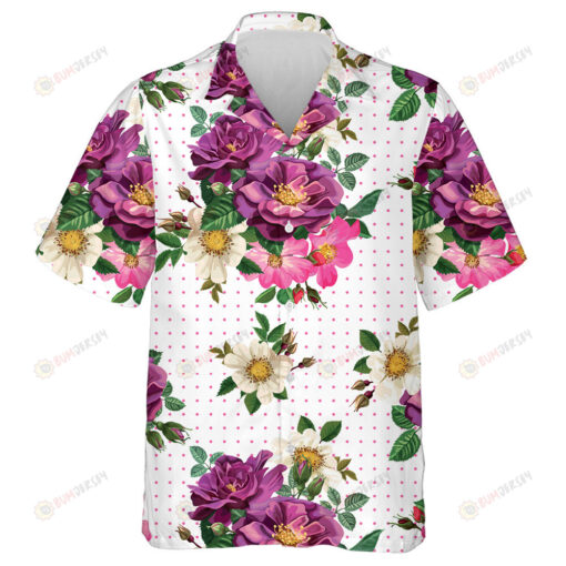 Multicolor Rose Branch Tiny Pink Dots On White Design Hawaiian Shirt