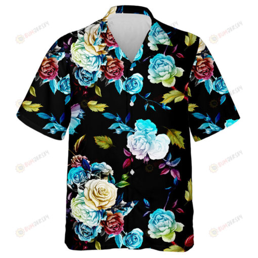 Multicolor Roses And Leaves On Black Background Design Hawaiian Shirt