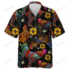 Multicolored Embroidery Chicken Rooster And Sunflowers Hawaiian Shirt