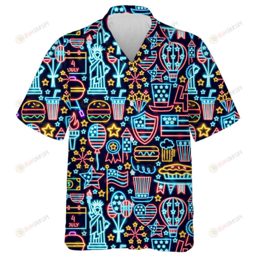 Multicolored Neon Light With Independence Day Elements Hawaiian Shirt