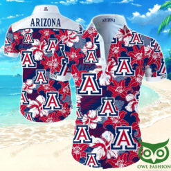 NCAA Arizona Wildcats Logo Red Blue Hibiscus Palm Leaf Pattern Hawaiian Shirt SH1