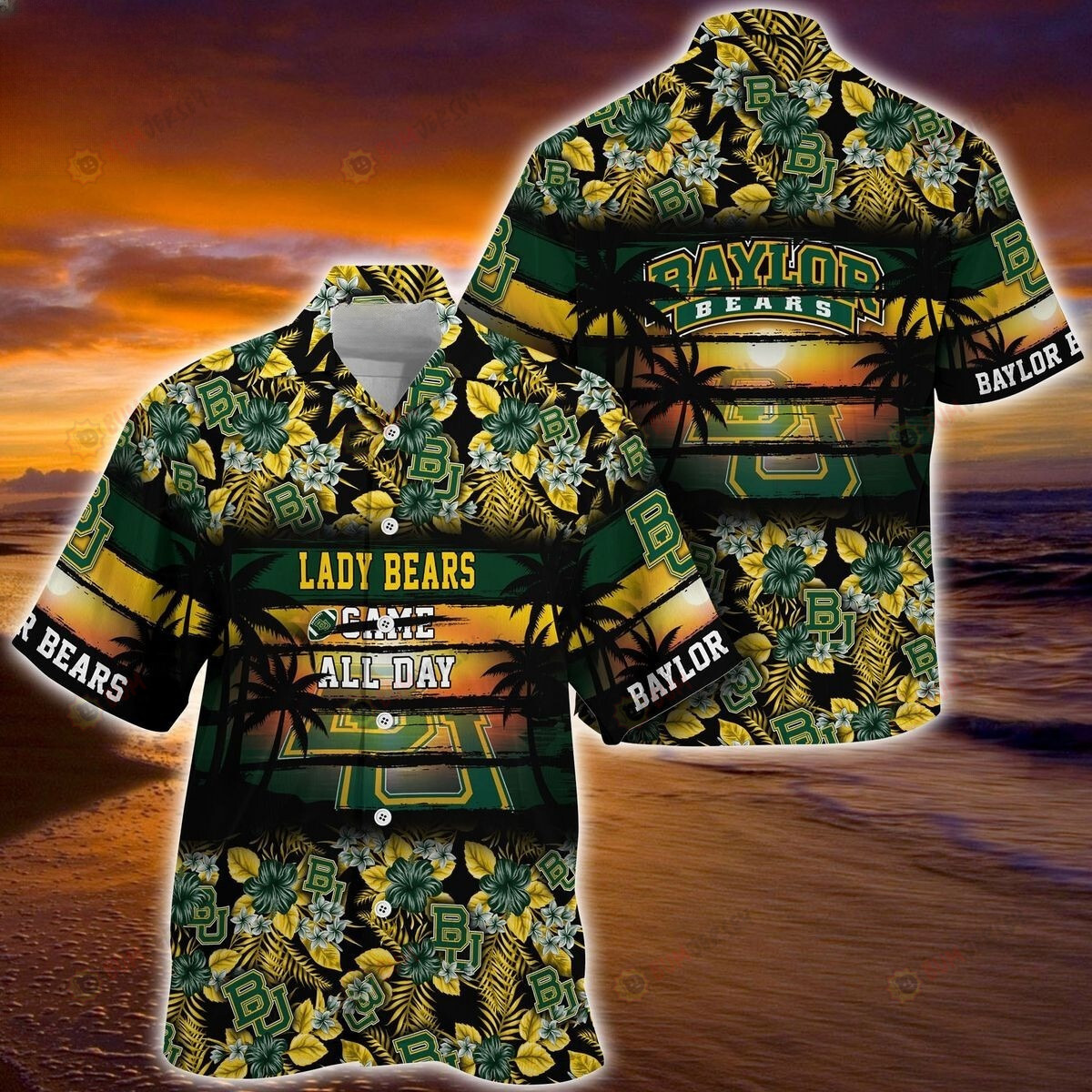 NCAA Baylor Bears Logo Floral Leaf Sunset Pattern Hawaiian Shirt SH1