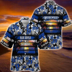 NCAA Duke Blue Devils Logo Floral Coconut Tree Sunset Pattern Hawaiian Shirt SH1