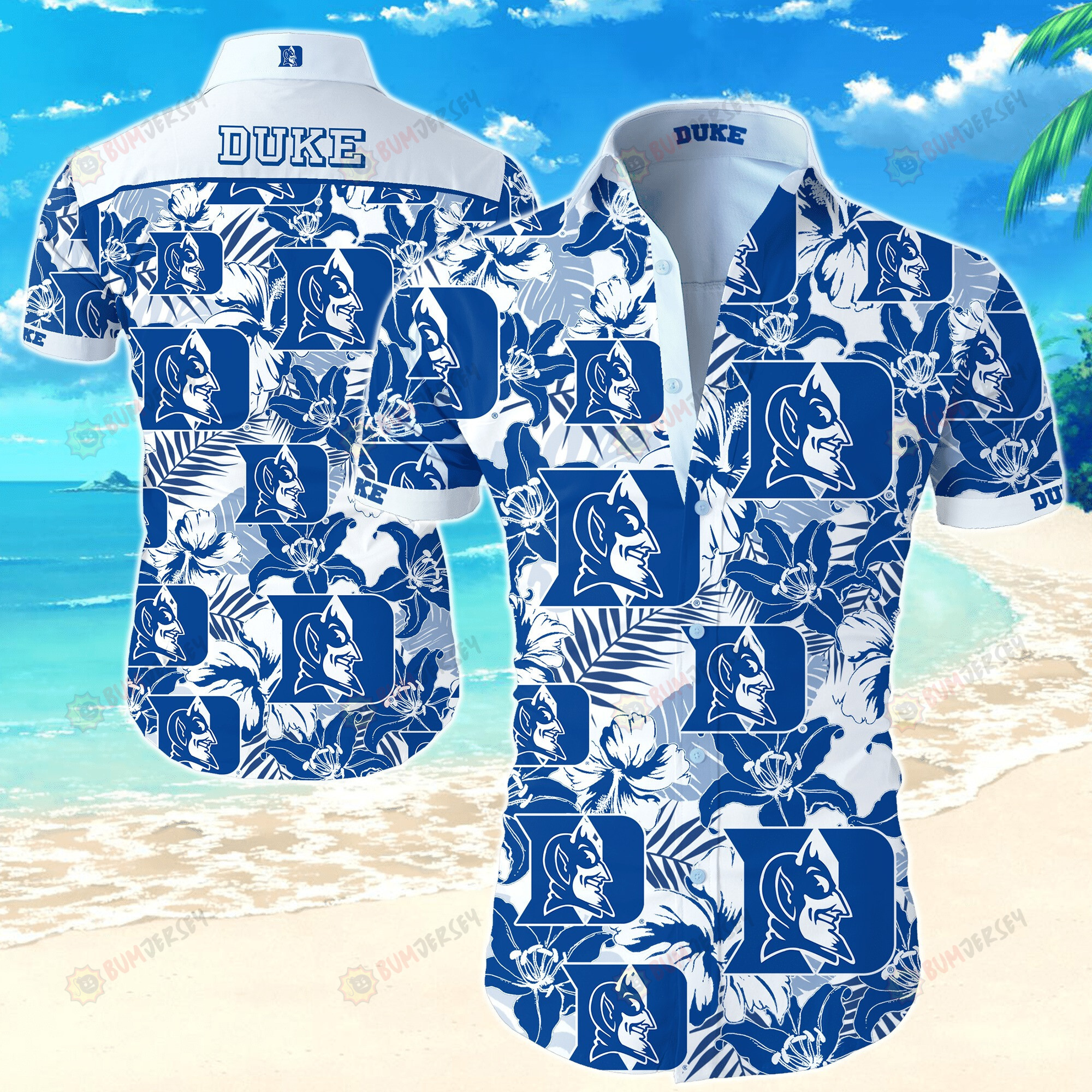 NCAA Duke Blue Devils Logo Hibiscus Leaf Pattern Blue White Hawaiian Shirt SH1