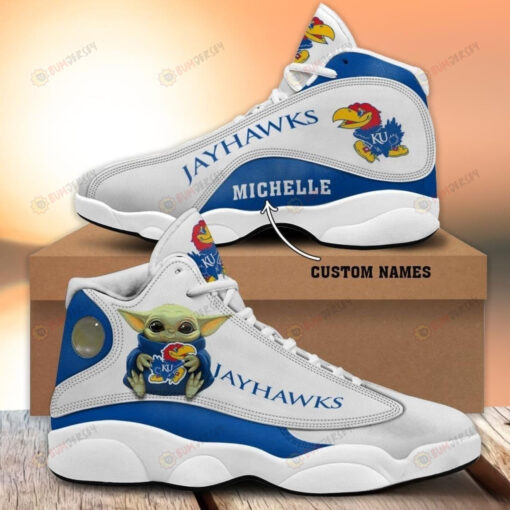 NCAA Kansas Jayhawks Logo Baby Yoda Pattern Custom Name Air Jordan 13 Shoes Sneakers