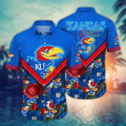 NCAA Kansas Jayhawks Logo Colorful Flowers Pattern Blue 3D Hawaiian Shirt SH1