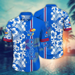NCAA Kansas Jayhawks Logo Floral Palm Pattern Blue 3D Hawaiian Shirt SH1