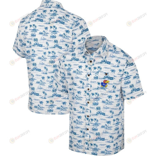 NCAA Kansas Jayhawks Logo Island Beach Pattern White Hawaiian Shirt SH1