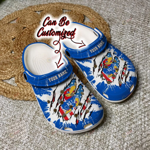 NCAA Kansas Jayhawks Ripped American Flag Custom Name Crocband Clog Comfortable Water Shoes - AOP Clog