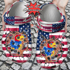 NCAA Kansas Jayhawks U.S Flag Breaking Wall Custom Name Crocband Clog Comfortable Water Shoes - AOP Clog