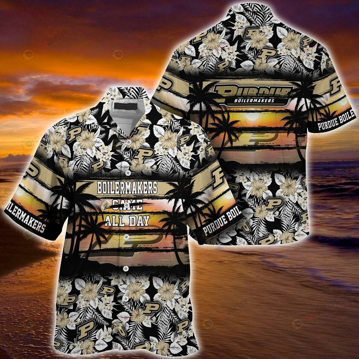 NCAA Purdue Boilermakers Logo Floral Coconut Tree Sunset Pattern Hawaiian Shirt SH1
