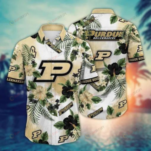 NCAA Purdue Boilermakers Logo Hibiscus Palm Pattern Hawaiian Shirt SH1