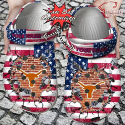 NCAA Texas Longhorns Breaking American Flag Wall Custom Name Crocband Clog Comfortable Water Shoes - AOP Clog