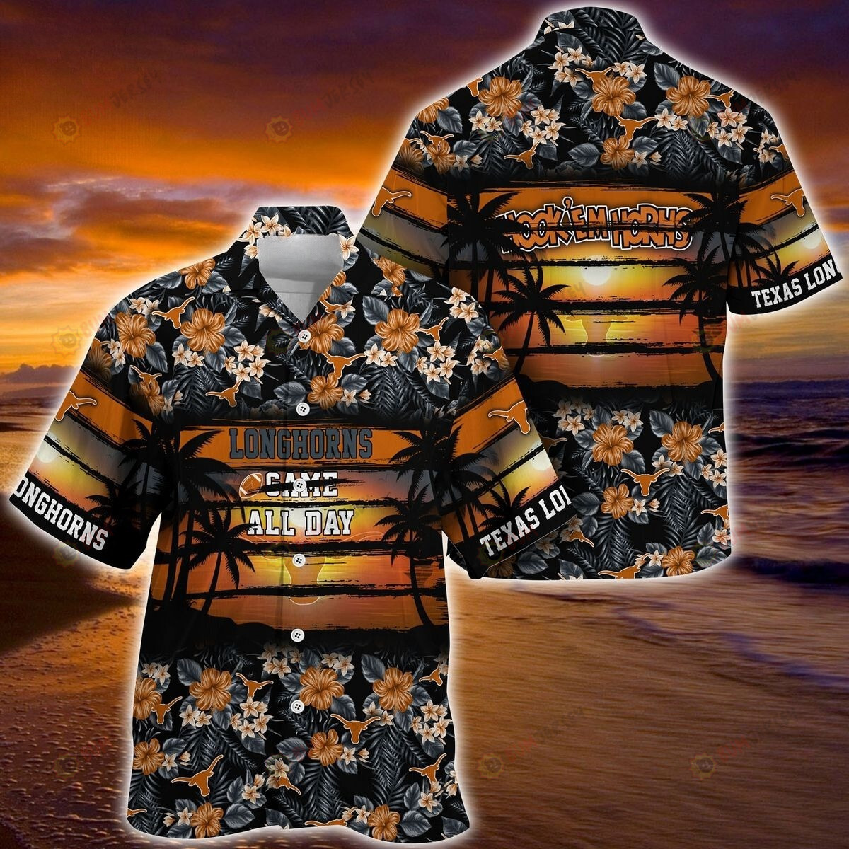 NCAA Texas Longhorns Logo Floral Leaf Beach Sunset Pattern 3D Hawaiian Shirt SH1